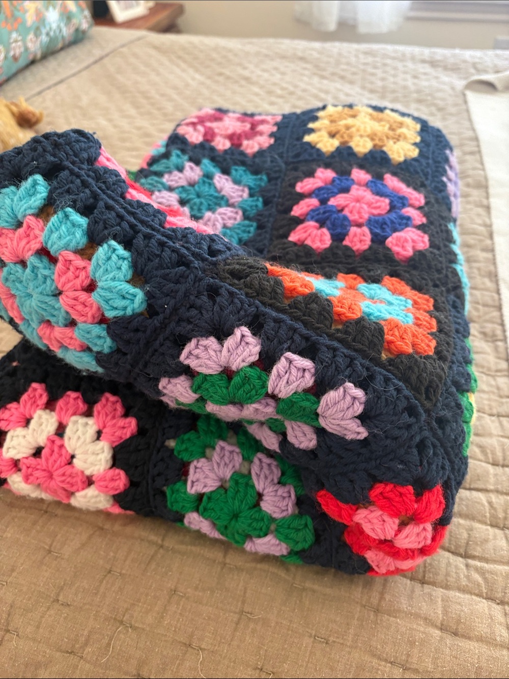 Handmade Crochet Granny Square Afghan Throw - Multicolor on Black - Picture 3 of 3